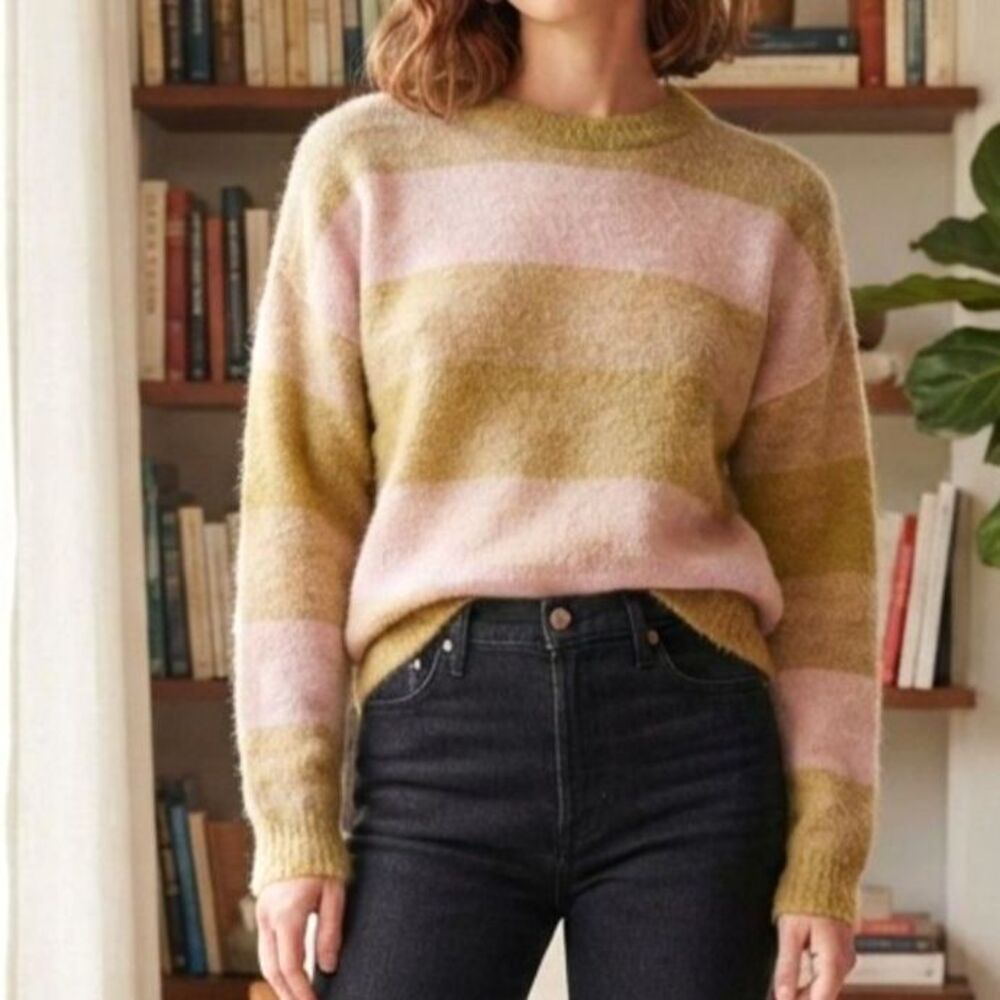 Madewell Striped Alpaca Blend Crewneck Sweater Pink/Warm Tan Cozy Grandpacore S